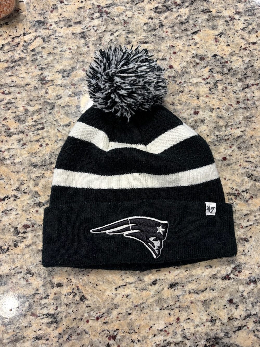 47 Black & White Pom Beanie with New England Patriots Logo
